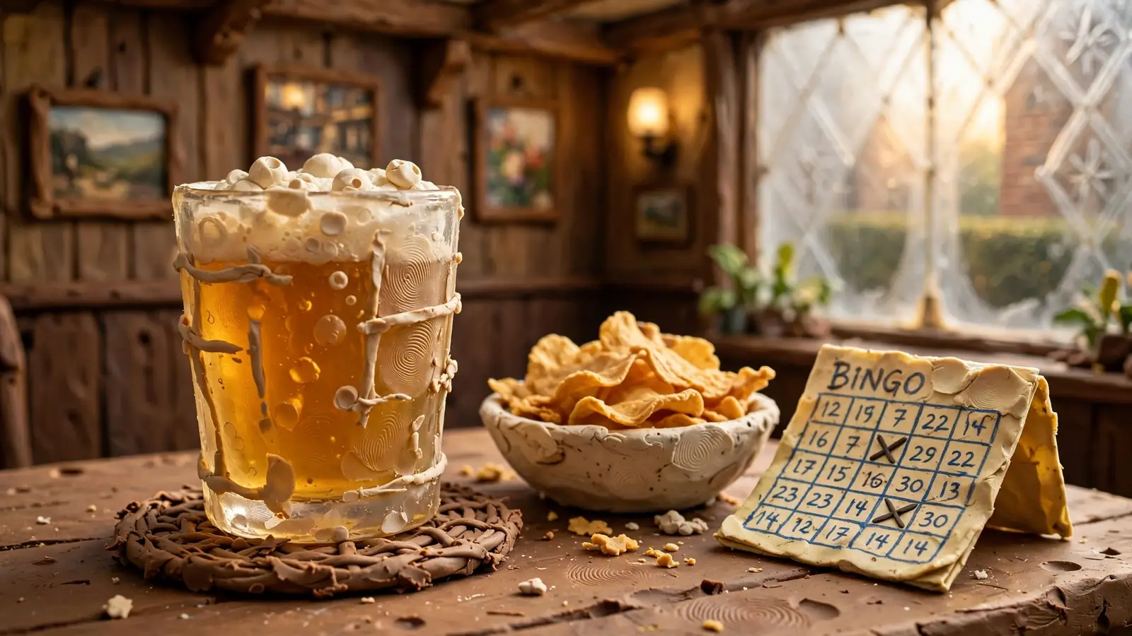 Beer and bingo card on a pub table inside a traditional British pub