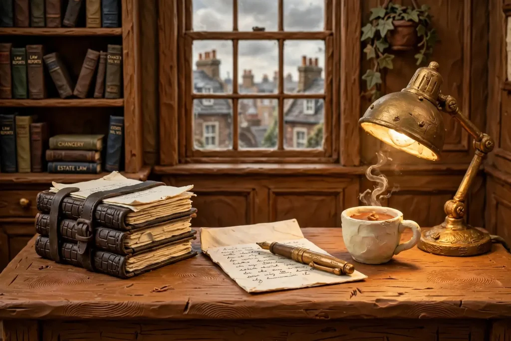 Leather-bound legal documents on an oak desk under a brass lamp, with a window showing British rooftops.