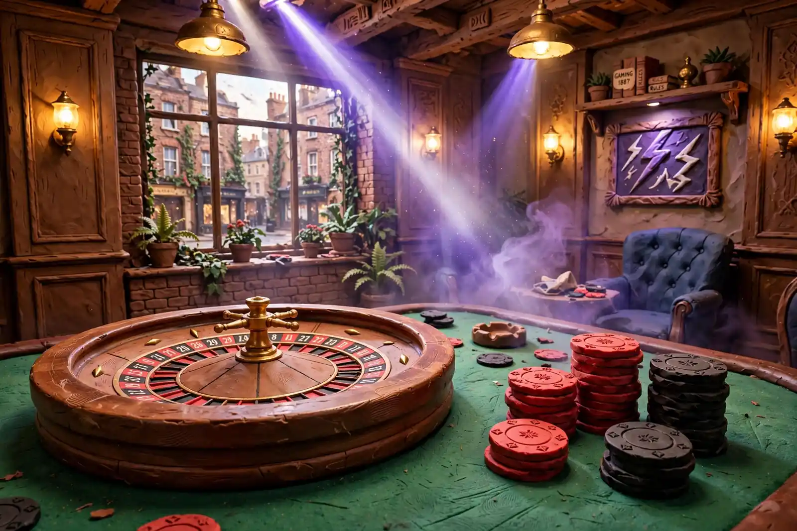 Roulette wheel with chips on a green table in a luxurious UK casino lounge with dramatic lighting.