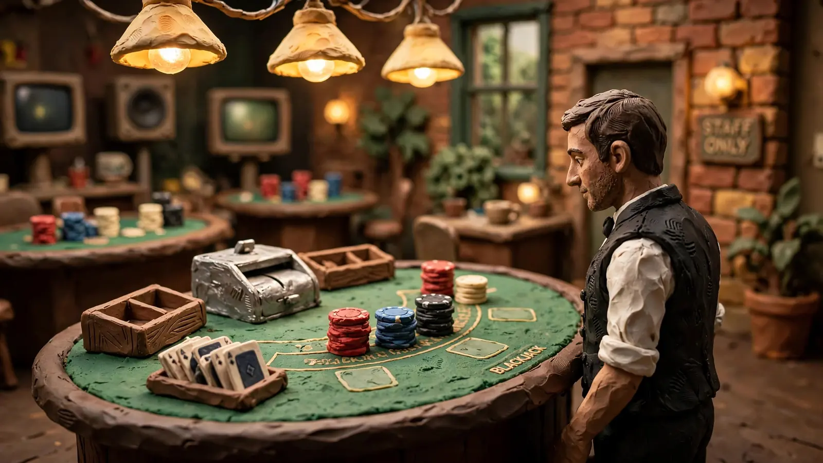 Live dealer studio with a croupier at a green blackjack table under warm studio lights