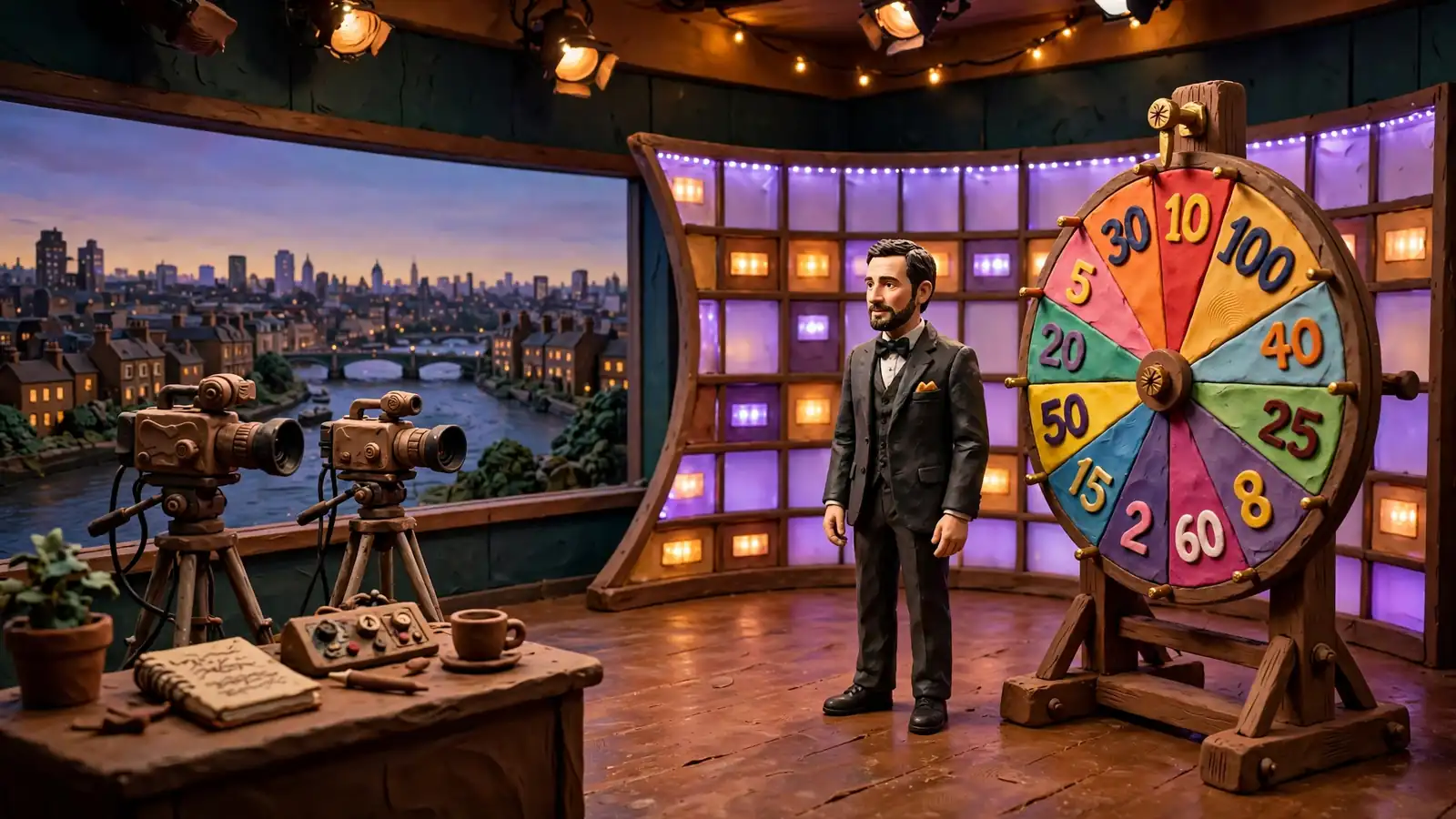 Live casino studio with a presenter beside a money wheel, London skyline visible through the window.