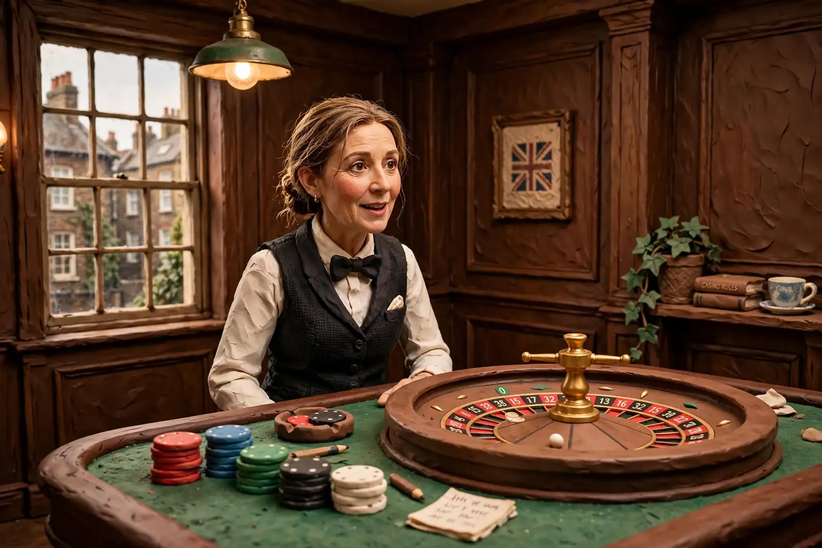 English-speaking dealer at a roulette table in a UK casino studio.