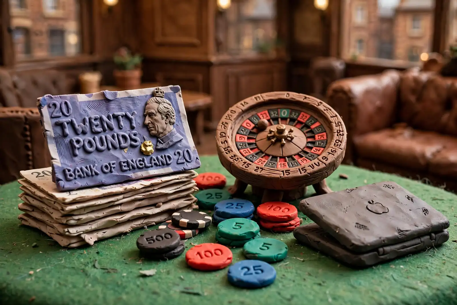 Casino chips, roulette wheel, and pounds on a felt table