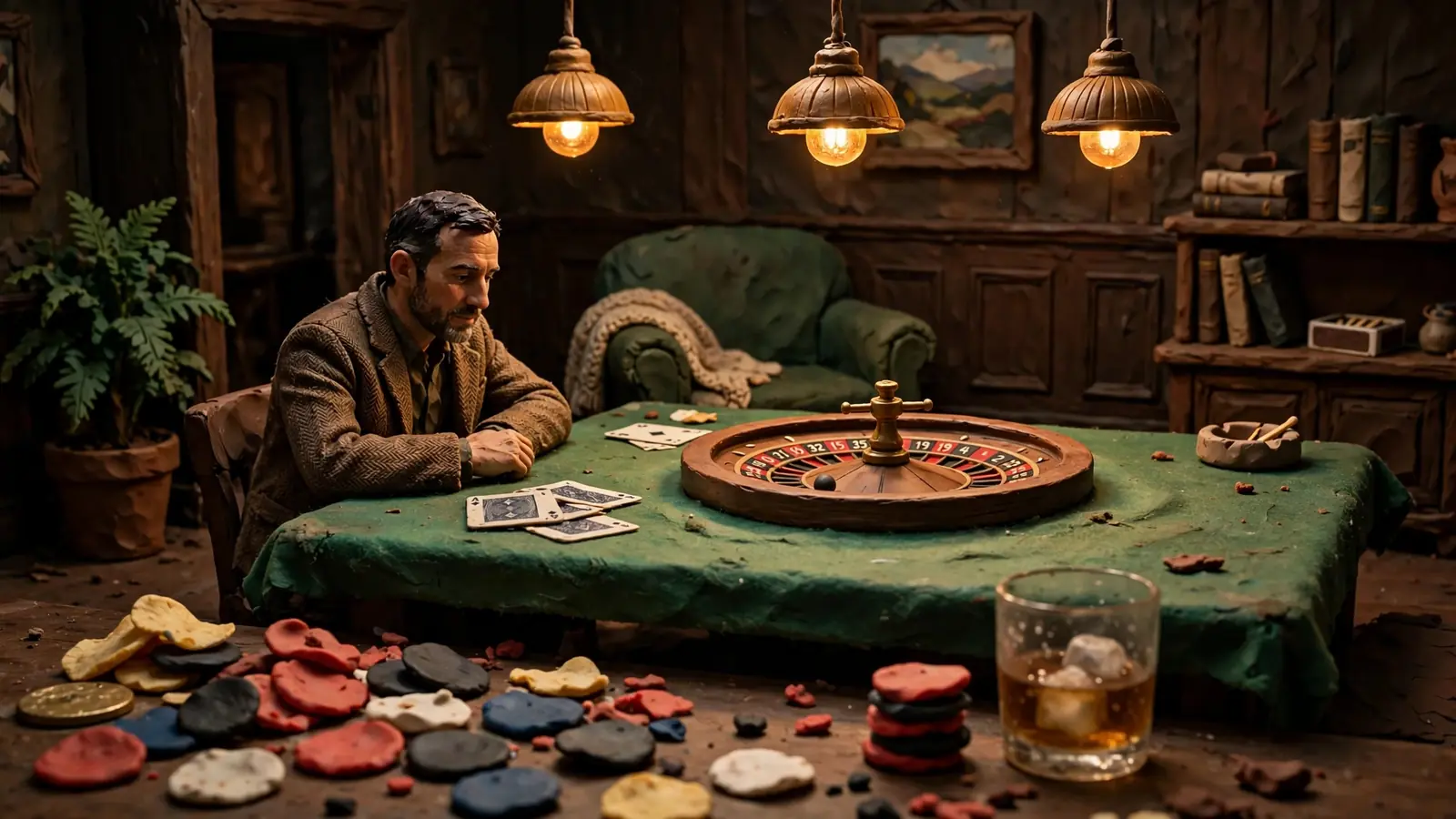 Dim British casino lounge with green tables, chips and roulette wheel