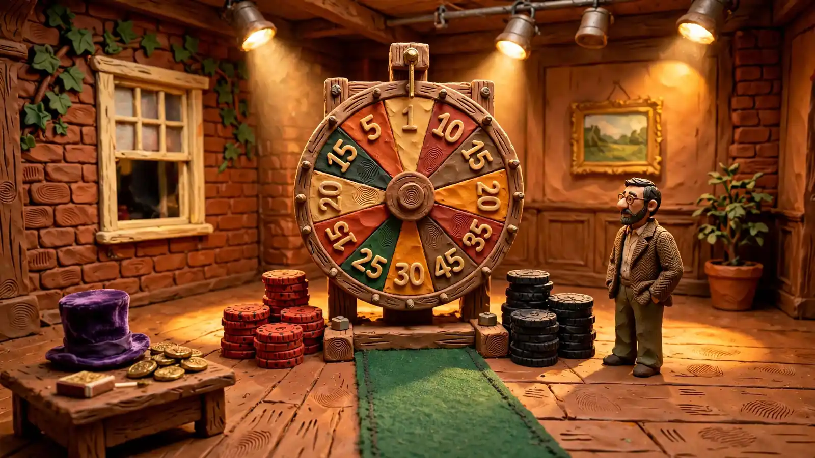 Large prize wheel in a brightly lit British entertainment studio with stacked casino chips and a velvet top hat.