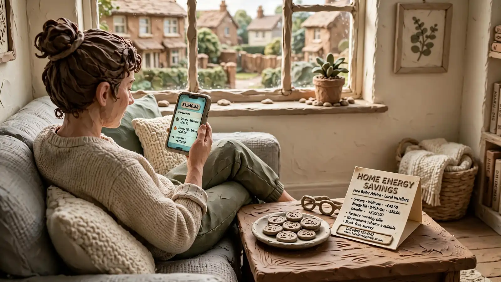 Person relaxing at home with a smartphone near a small stack of coins and a flyer.