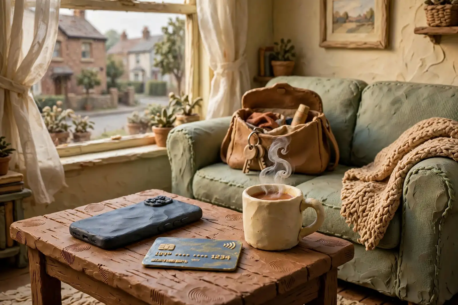 Smartphone face-down on a coffee table beside a contactless card and a cup of tea in a British living room.