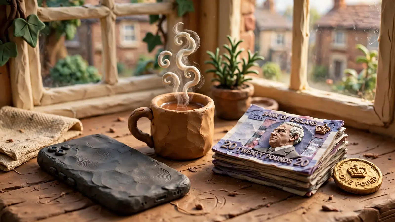 Phone, British pounds and tea on a kitchen table