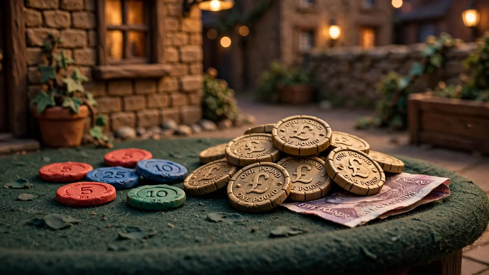 British pound coins and casino chips on a felt table.