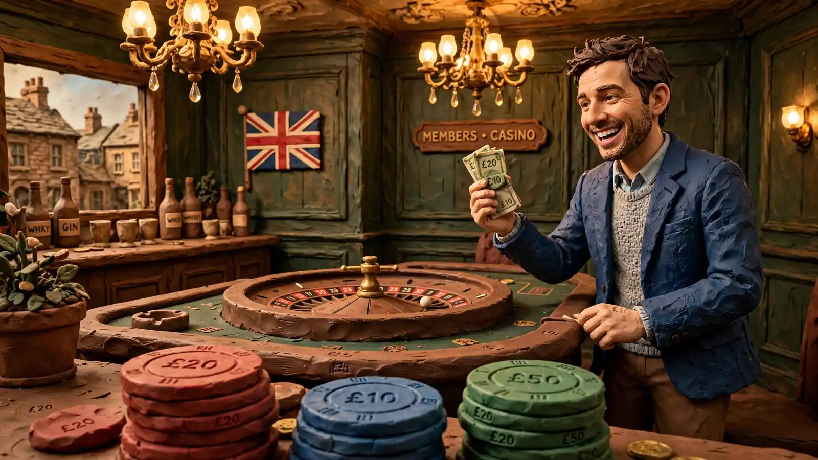 UK casino player celebrating cash winnings at a roulette table