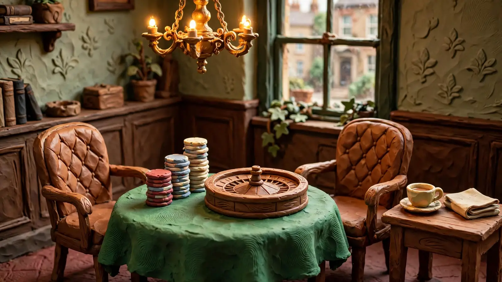 Classic British casino card table with chips and roulette wheel