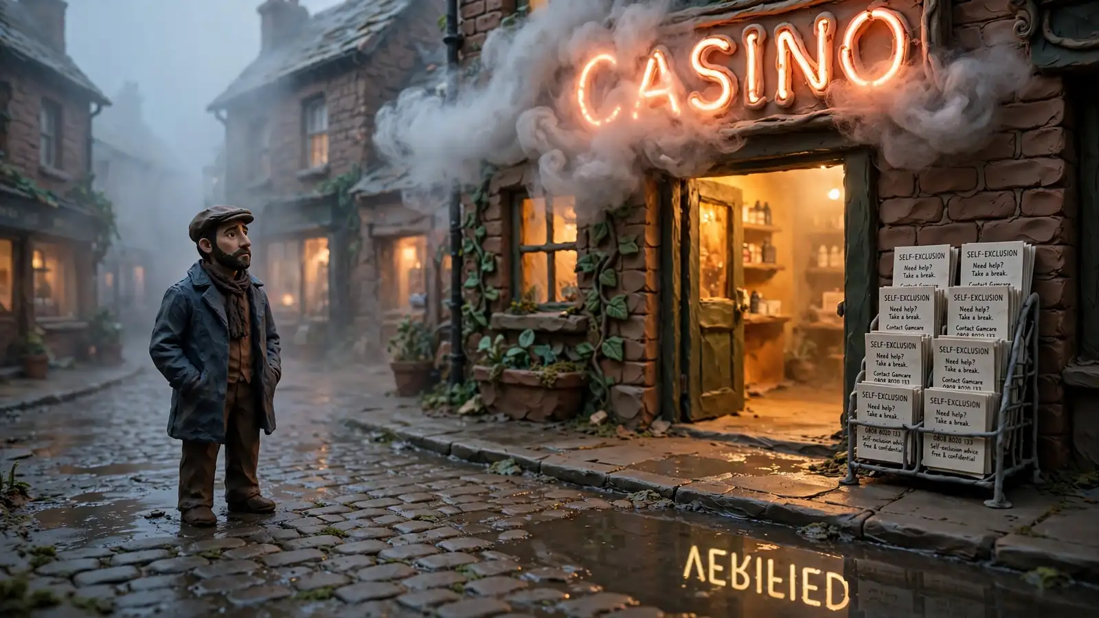 Foggy UK high street with an ambiguous glowing casino sign at dusk.