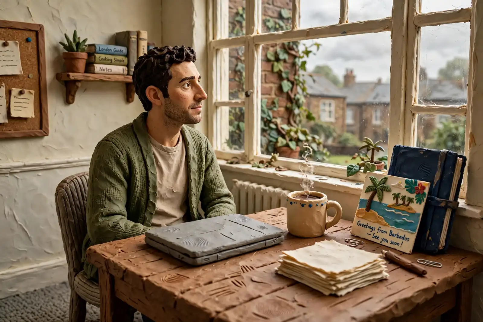 Man at a desk with a closed laptop, British home office with a Caribbean postcard