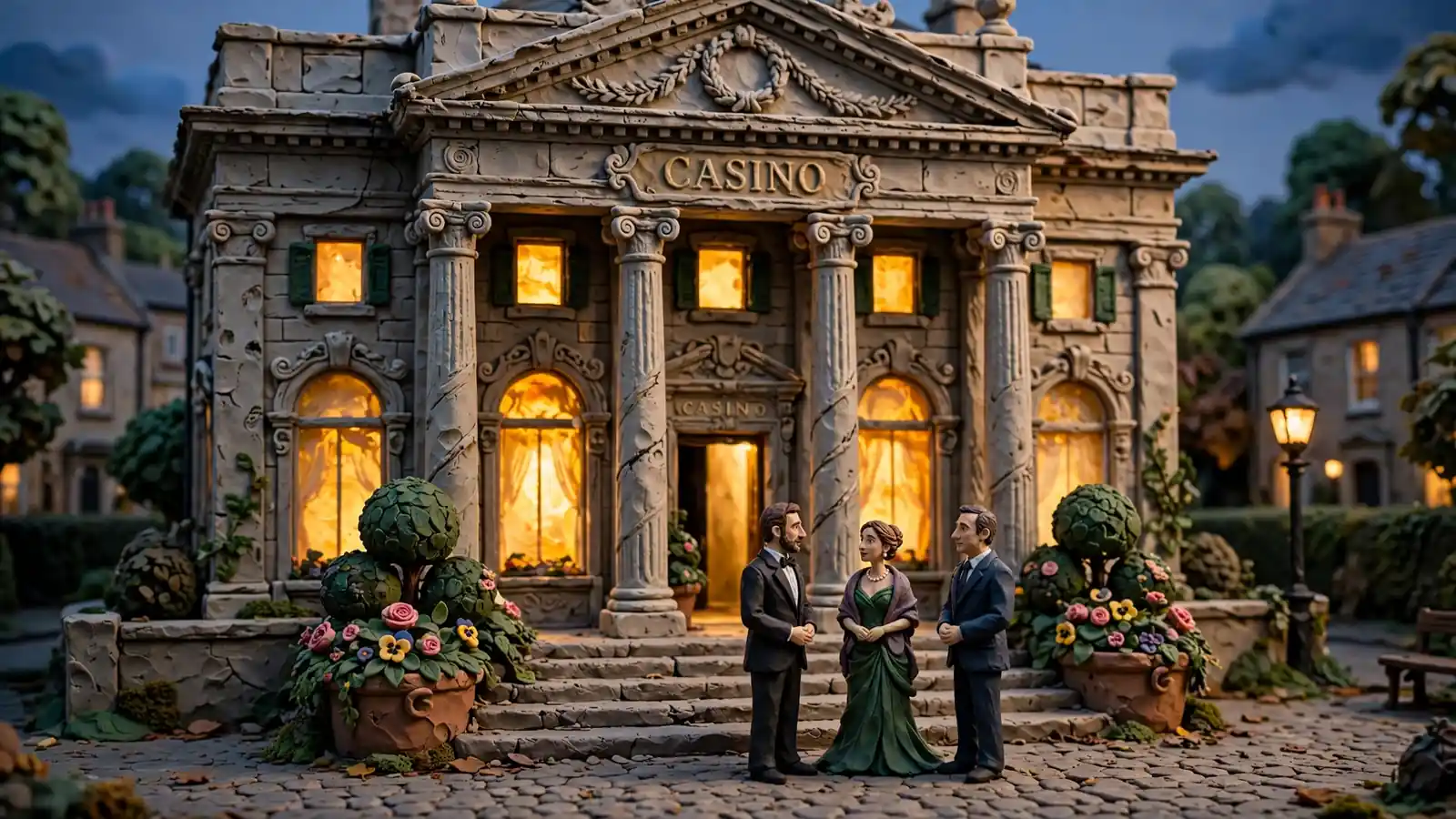 Elegant European casino exterior at twilight and classical stone columns