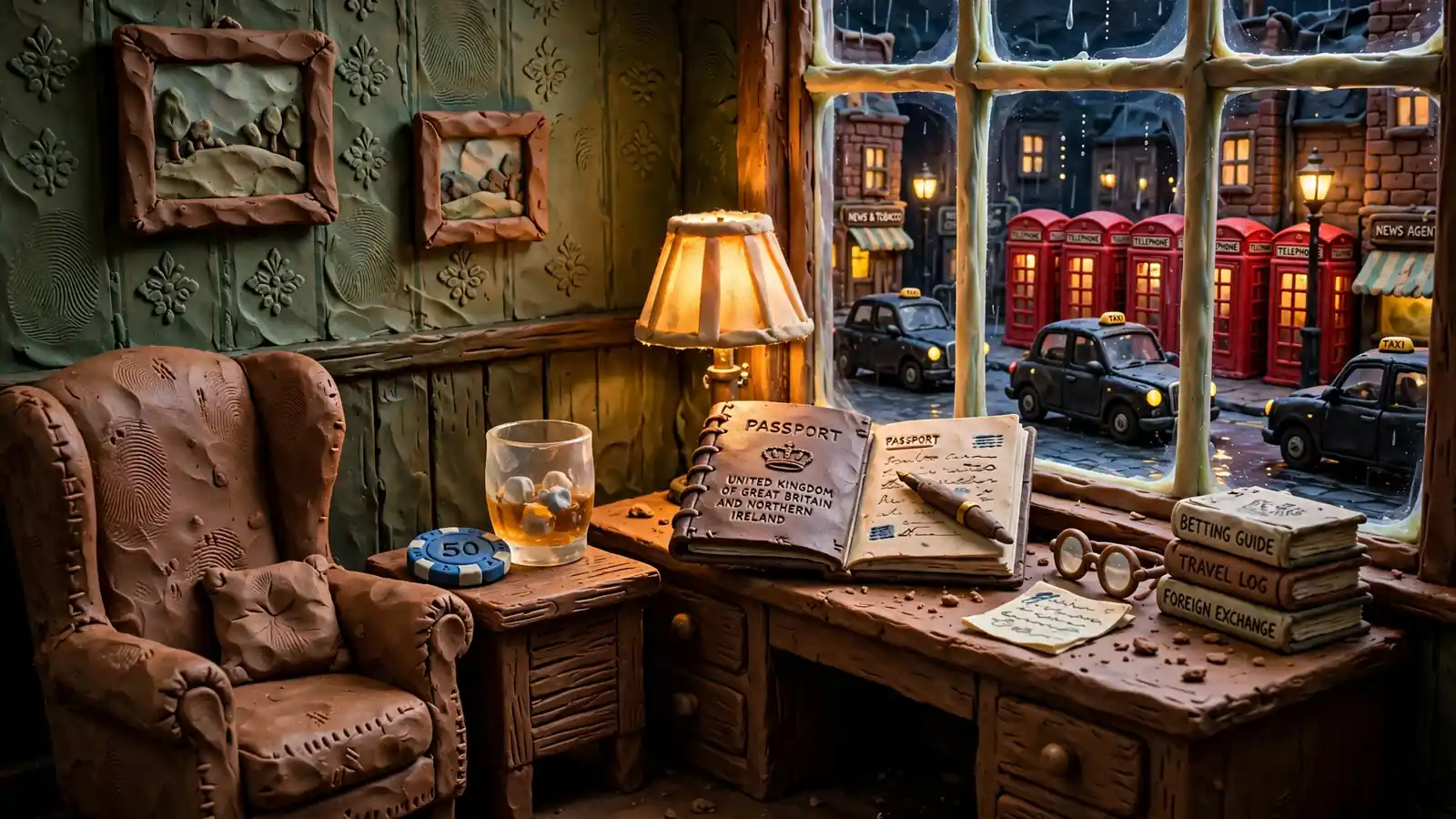 British study with a passport and a poker chip by a rainy London window.