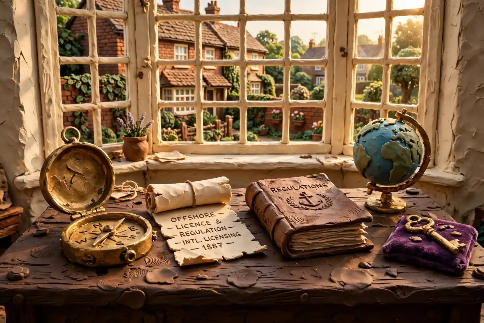 Desk with compass, globe, scroll, leather book, and brass key in warm light.