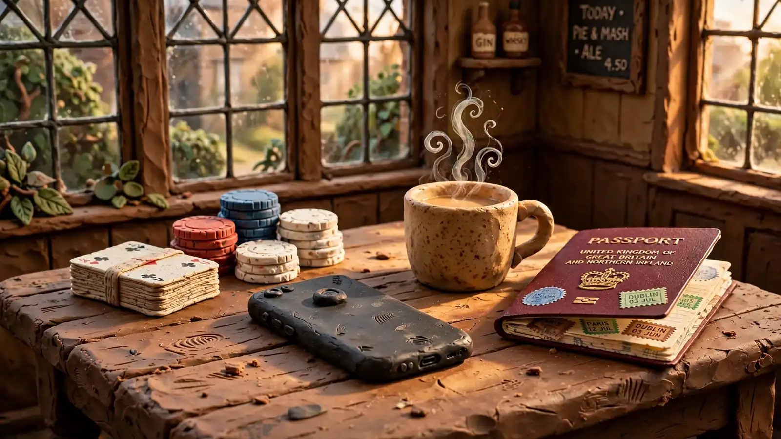 Face-down smartphone on a British pub table with passport, chips and cards
