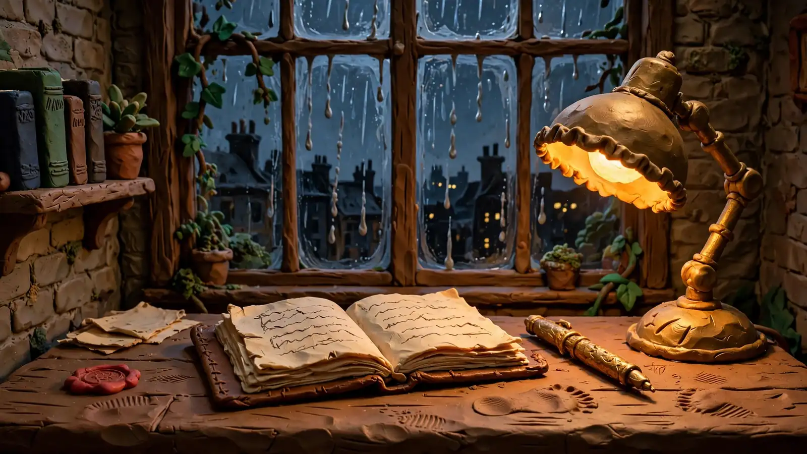 Wooden desk with notebook and lamp, London skyline visible through rainy window.