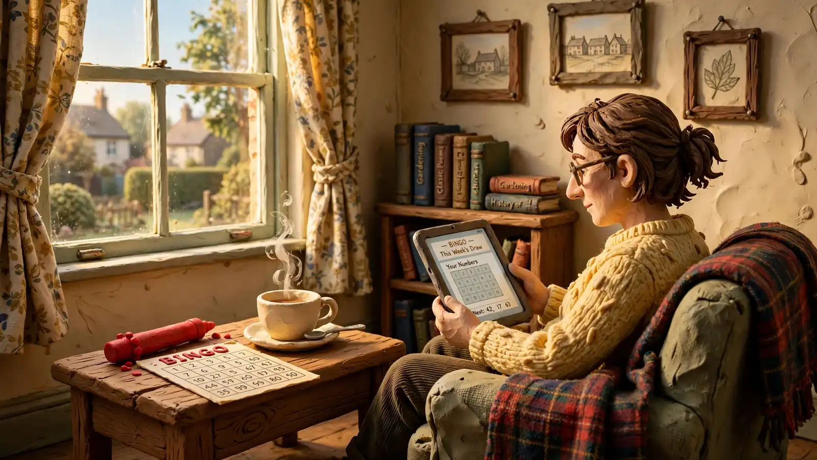 Person in a cozy British living room with a bingo card, dauber pen, and cup of tea by a window.