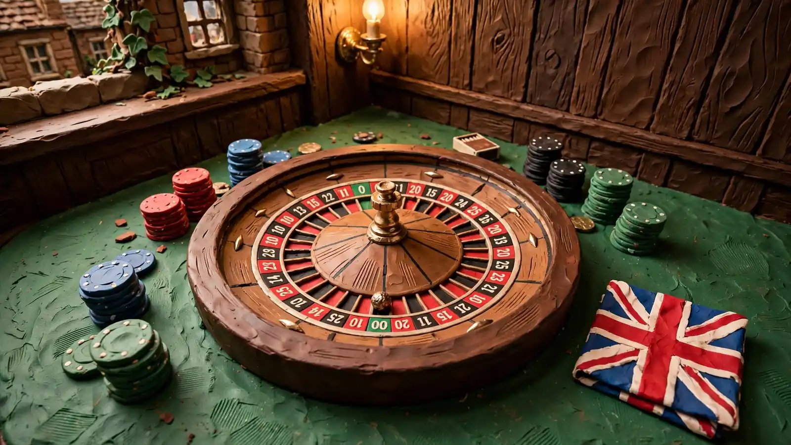 American roulette wheel with chips on green felt in a British gaming room