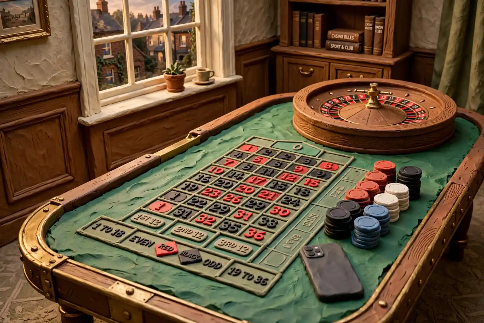 Elegant roulette table in a British gaming lounge with soft evening light