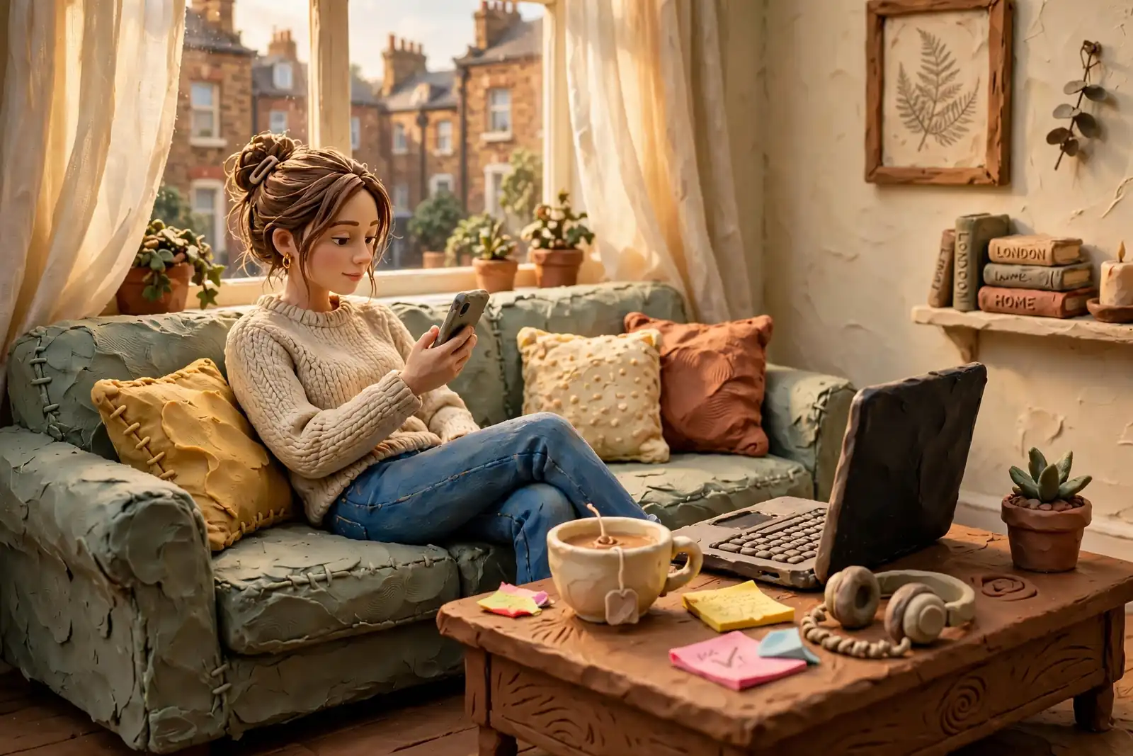 Woman on sofa with laptop and phone in a bright London flat, afternoon light.