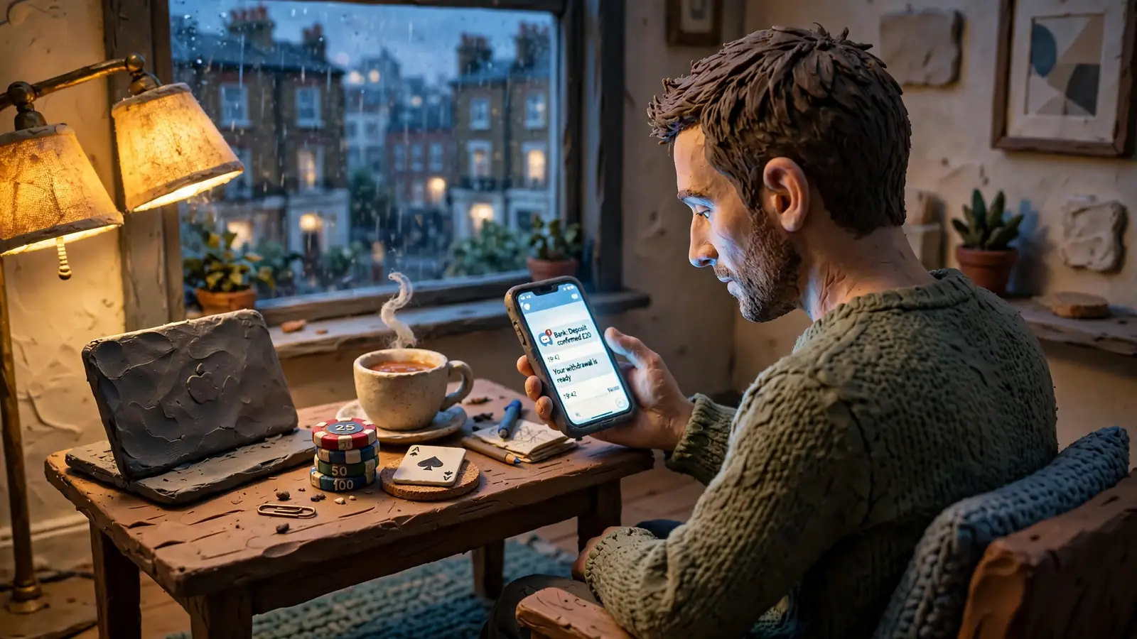 Player in a London flat receiving a casino bonus notification on a phone.