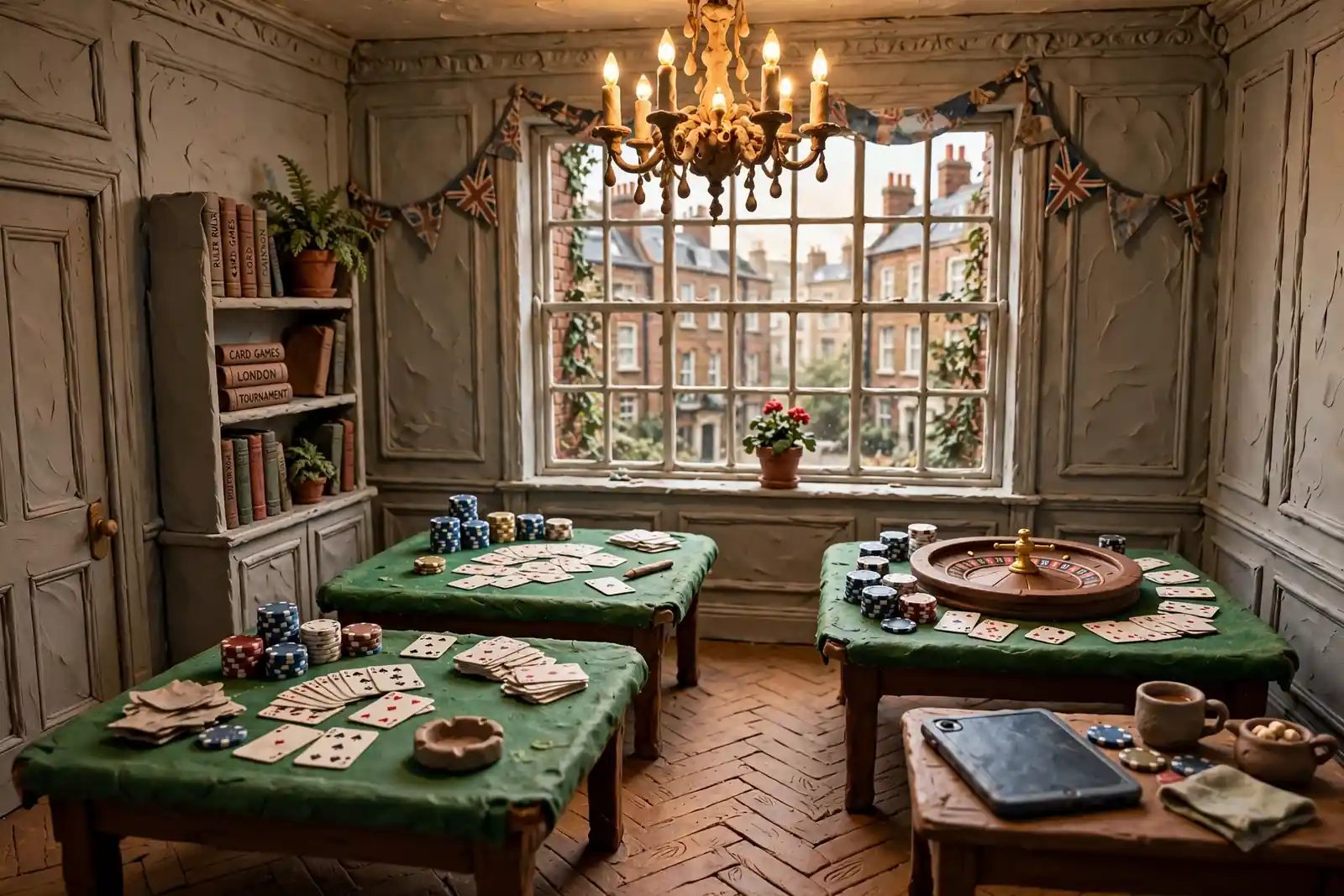 Elegant UK casino tournament room with chip stacks and roulette table