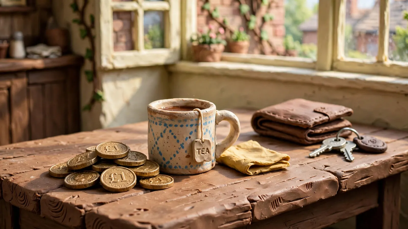British pound coins on a pub table next to a mug of tea, conveying low minimum deposits.