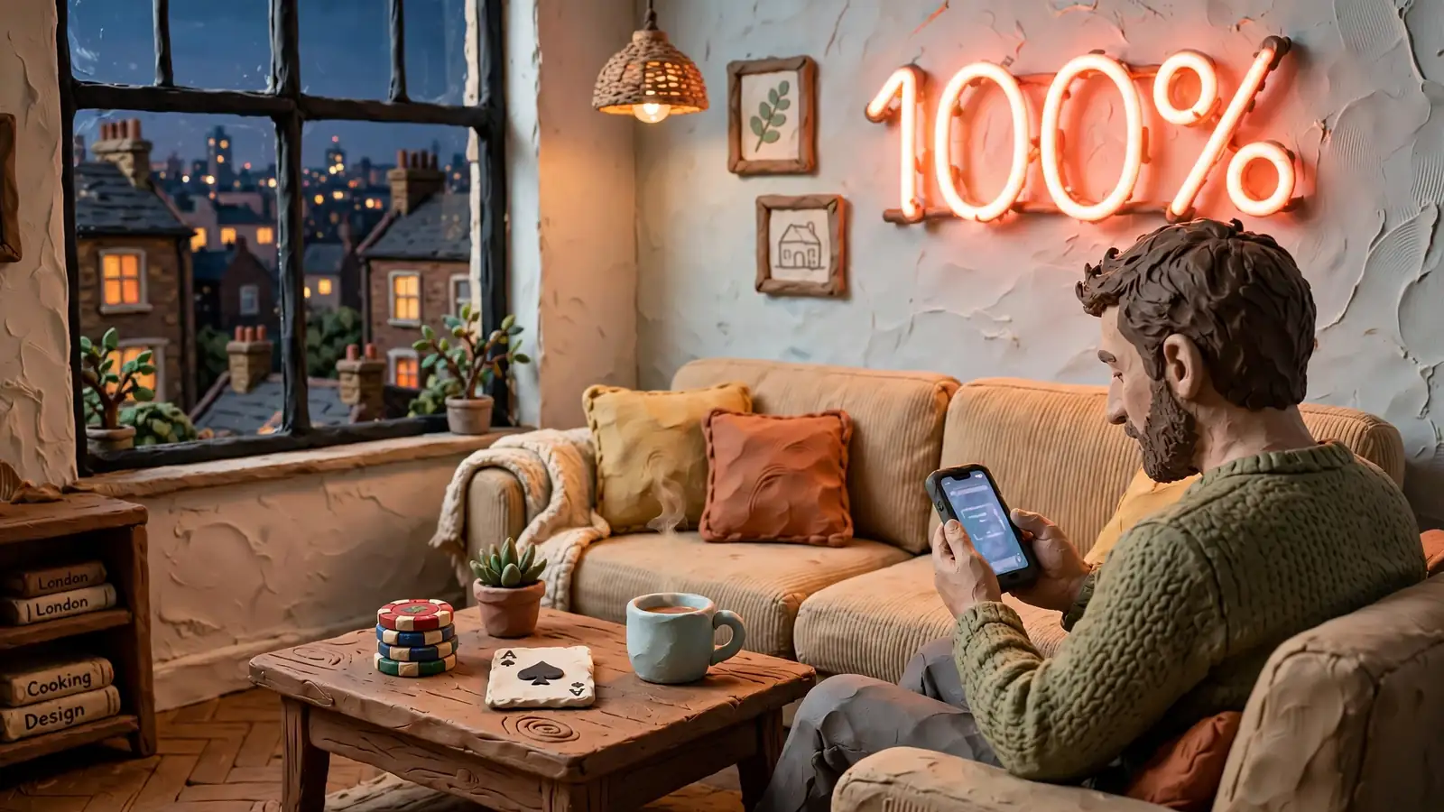 Person in a London flat with a smartphone, casino chips, a playing card, and a 100% neon sign.
