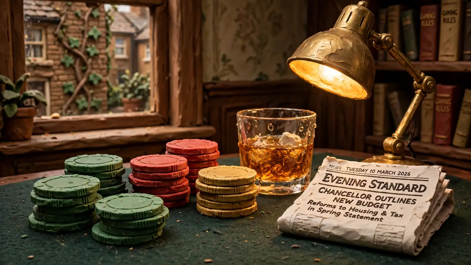 Casino chips, whiskey, and a newspaper on an elegant gaming table