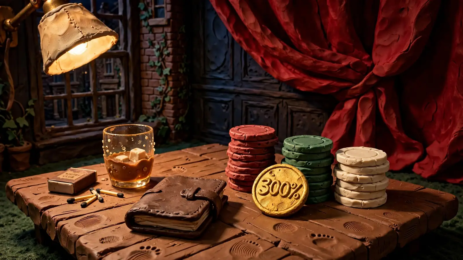 Casino chips and a 300 percent bonus coin on a lounge table.