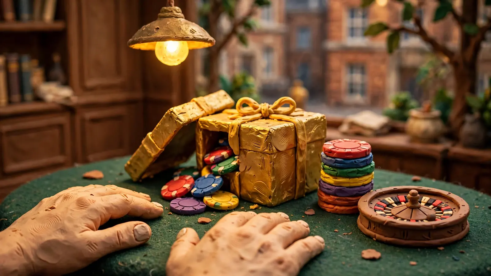 Golden gift box spilling casino chips on a felt table next to a roulette wheel.