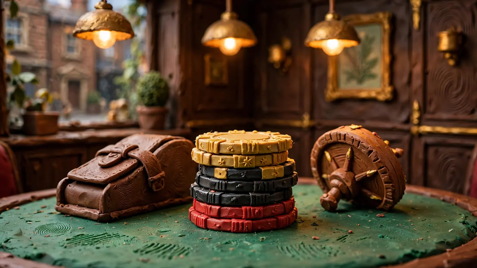 Stacks of casino chips, card shoe and roulette wheel on green felt table