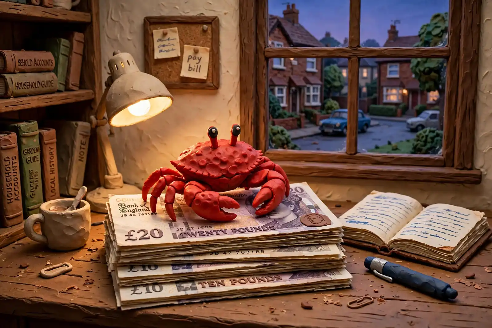 A red crab resting on British pound notes next to a notebook on a desk.