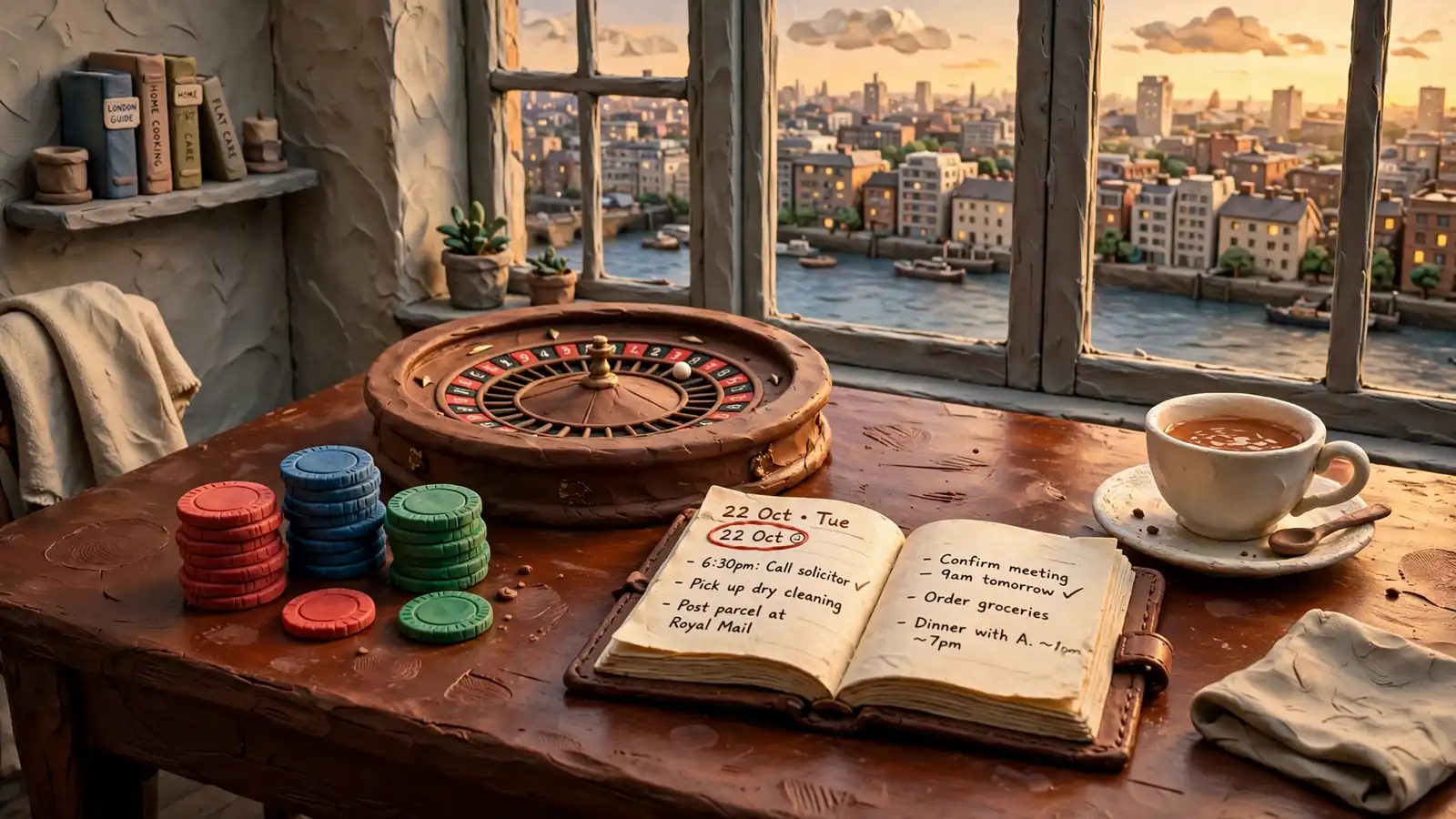 Roulette wheel, chips, and a daily planner on a table in a London flat