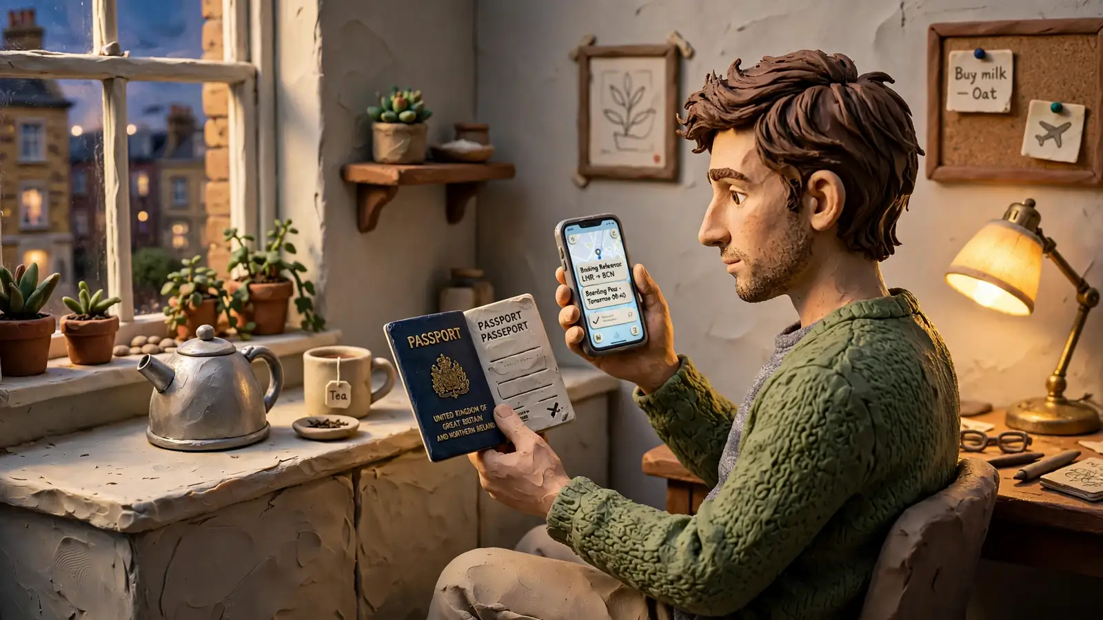 Person comparing a smartphone to a passport in a London flat.