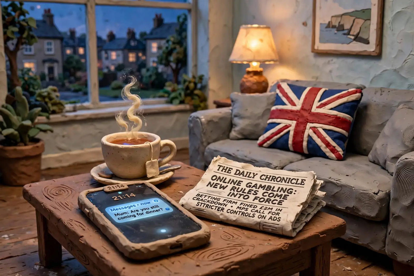 A smartphone on a coffee table in a British living room showing a text notification.