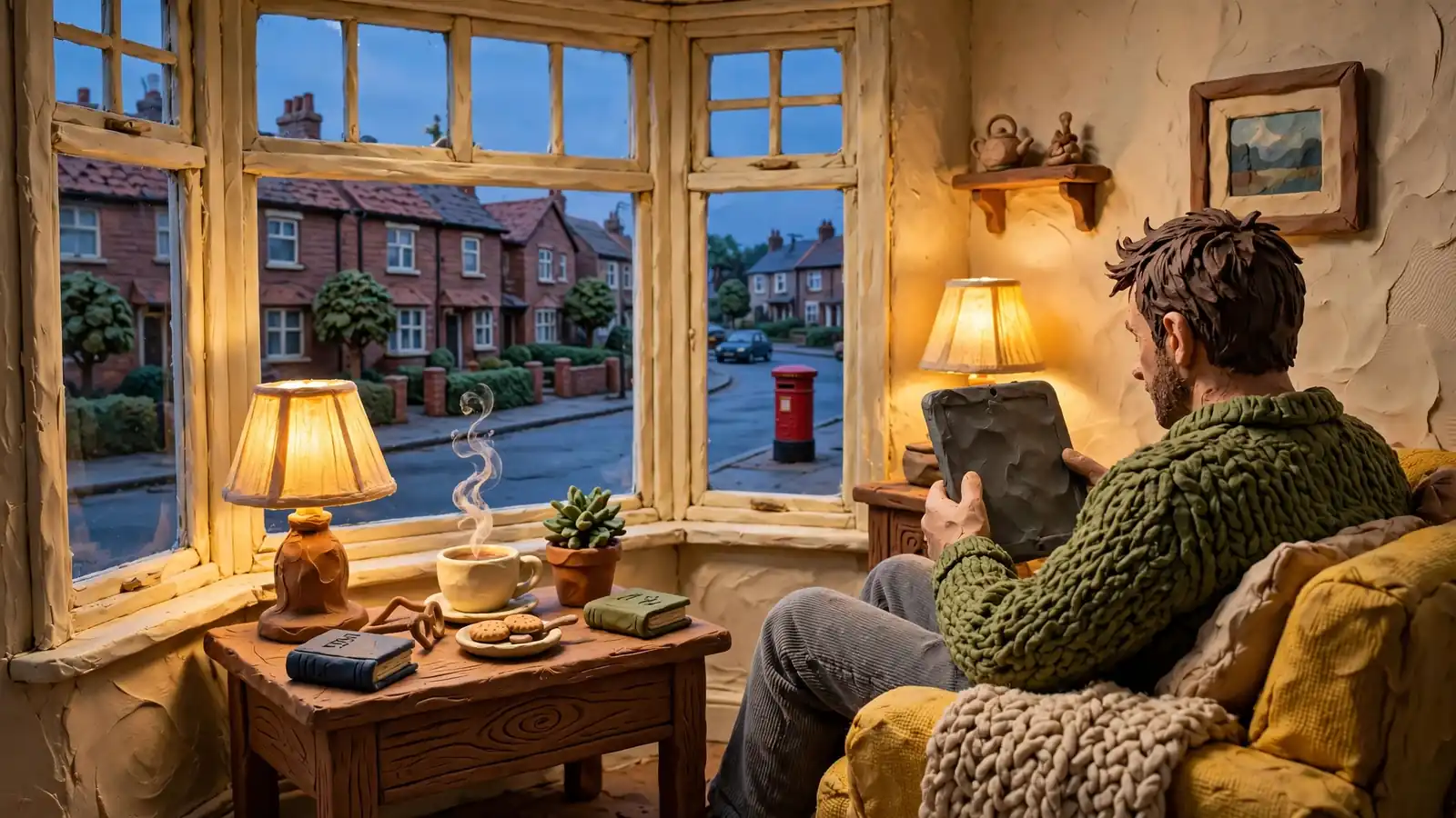 Cozy British living room at dusk with tea and a person holding a tablet