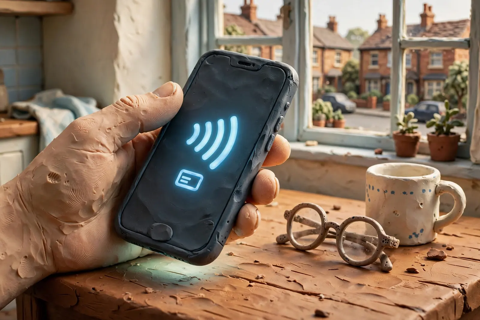 Hand holding a smartphone for a contactless payment on a kitchen table