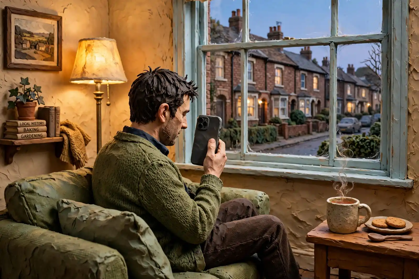 Person paying by mobile phone in a British home interior