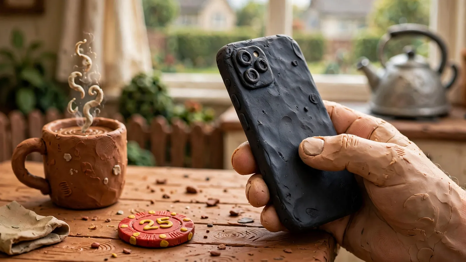 Hand holding a smartphone next to a casino chip on a kitchen table
