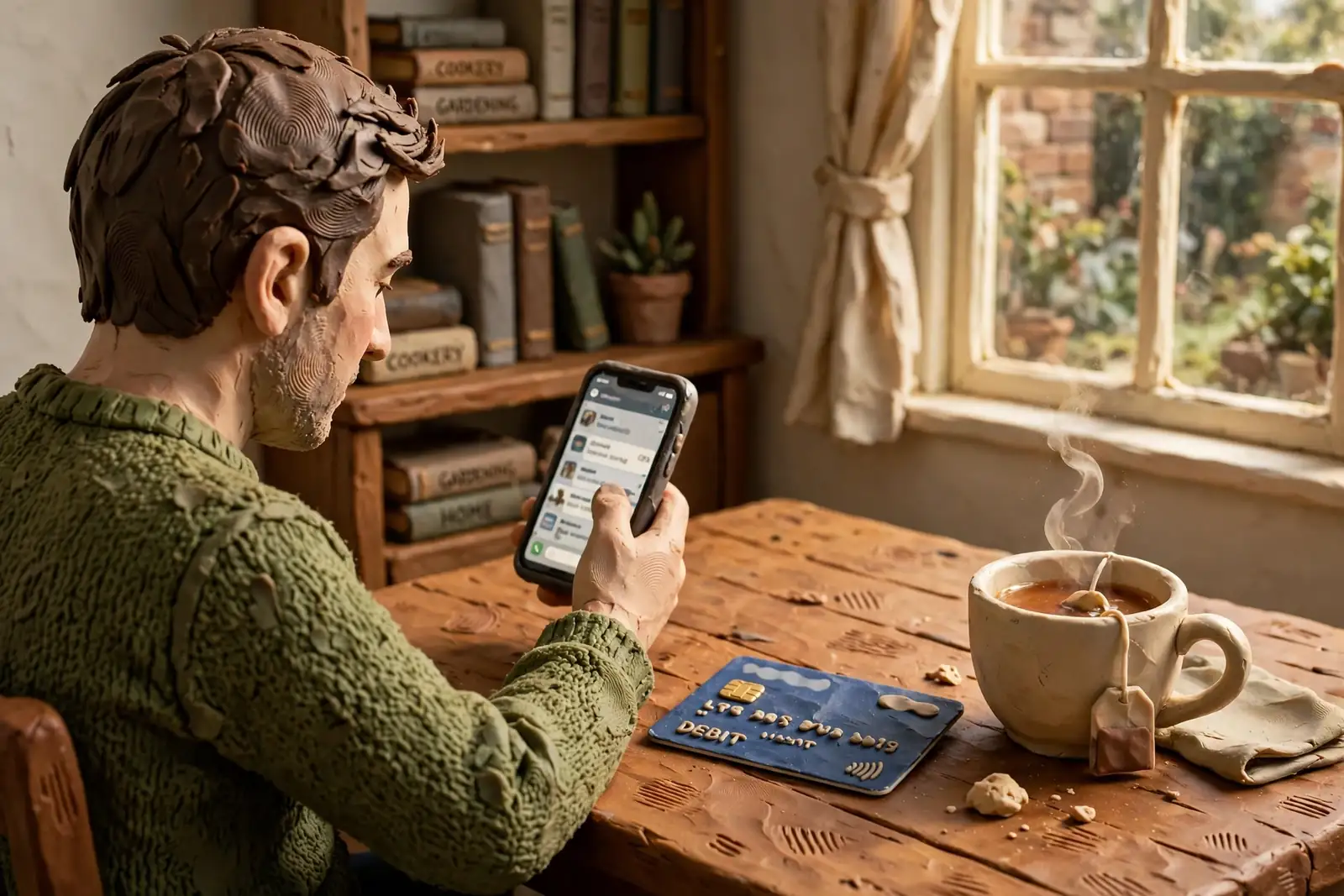Hand holding a smartphone next to a bank card on a table.