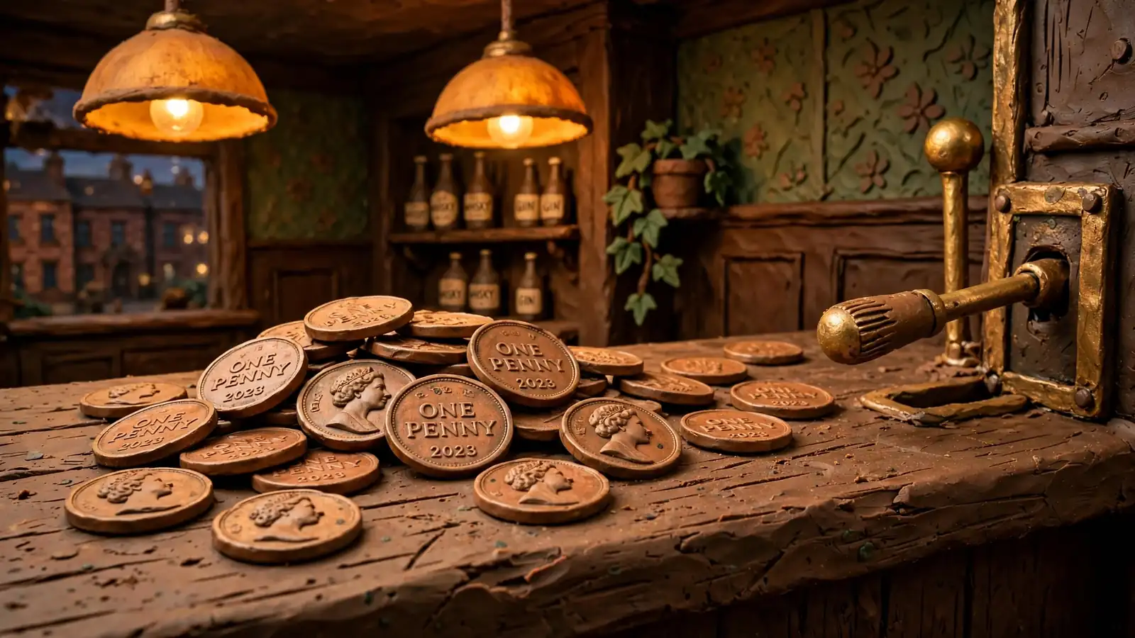 British penny coins on a pub counter beside a slot machine lever.