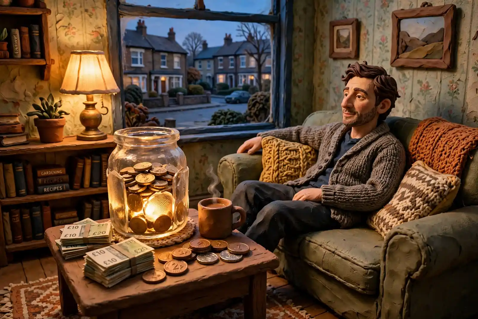 British living room with growing coin jar symbolizing a progressive jackpot at dusk.