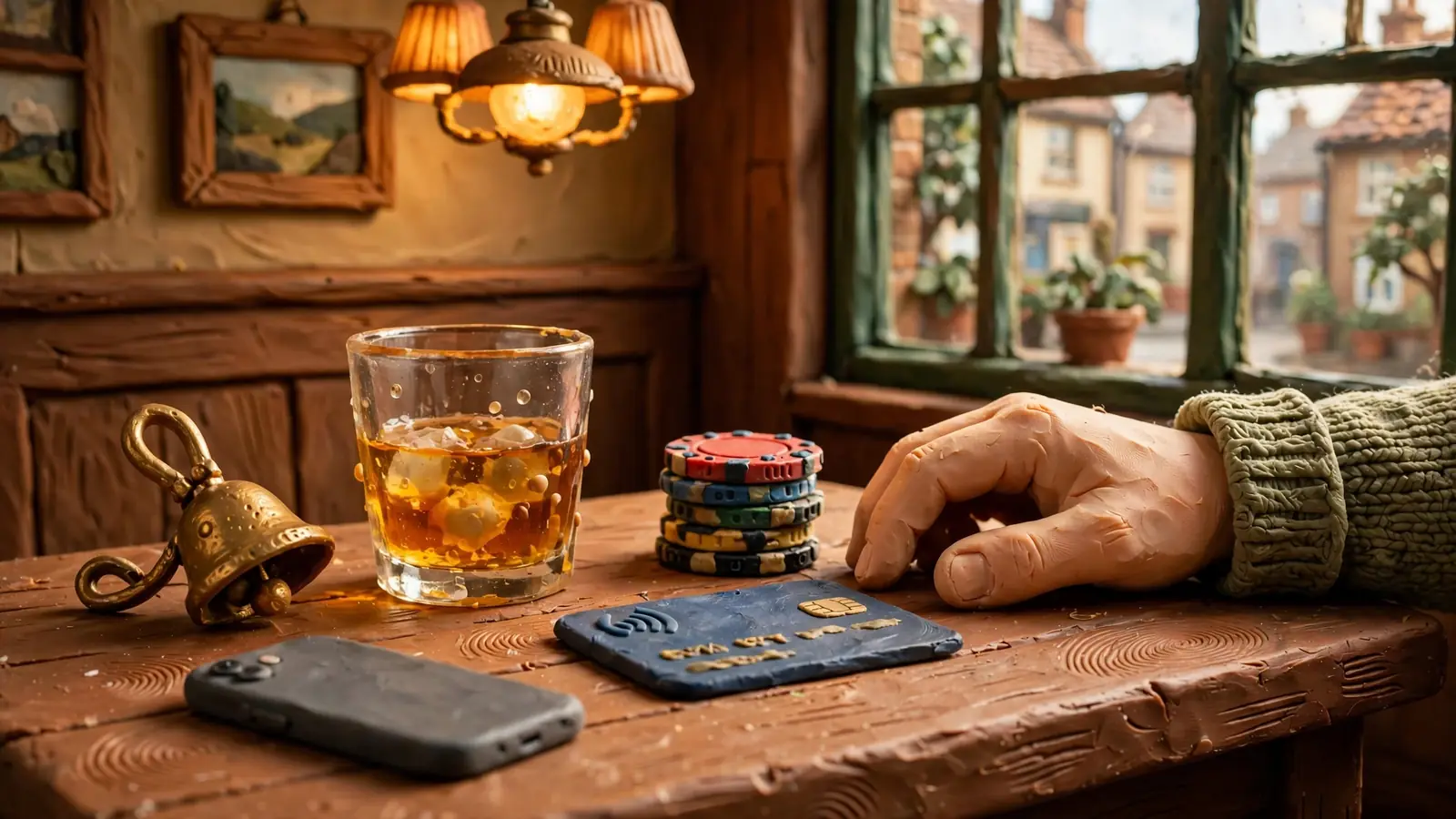 Casino chips, a payment card, and whisky on a British pub table