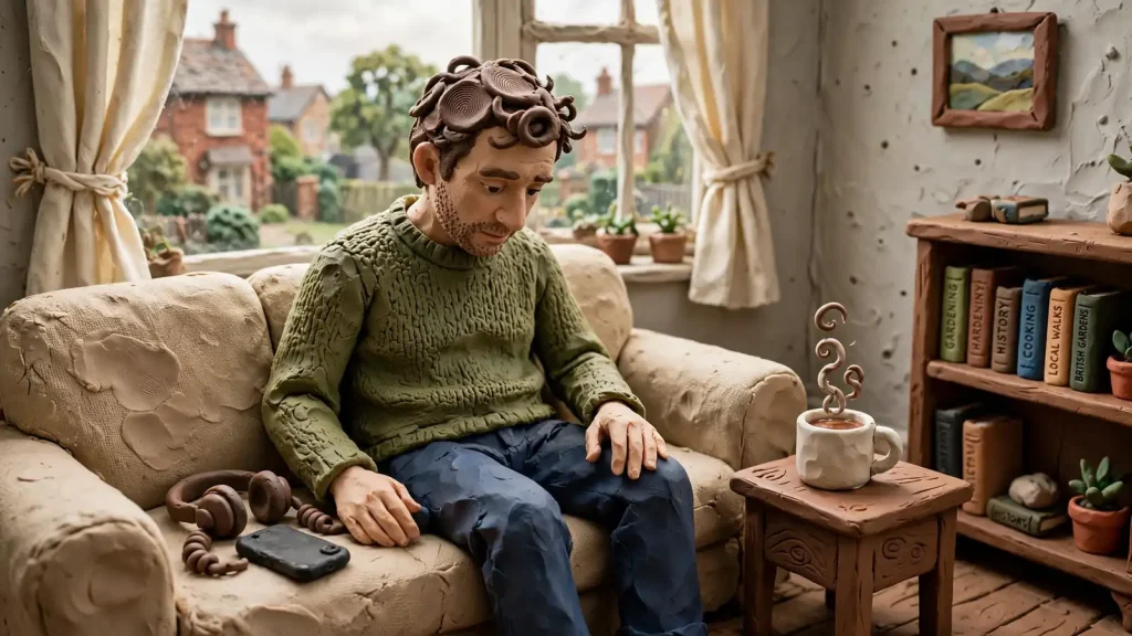 Person pausing from phone use in a quiet British living room