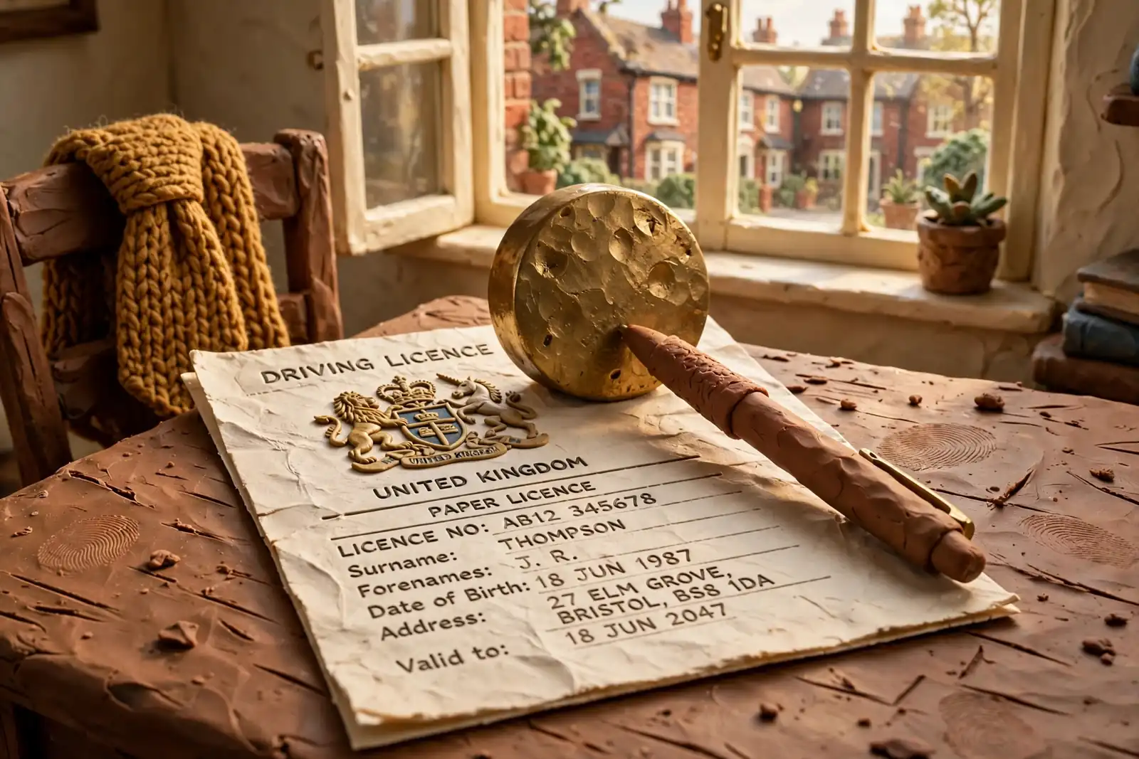 UK licence document on a desk in a British home study, with crest and daylight through a sash window.
