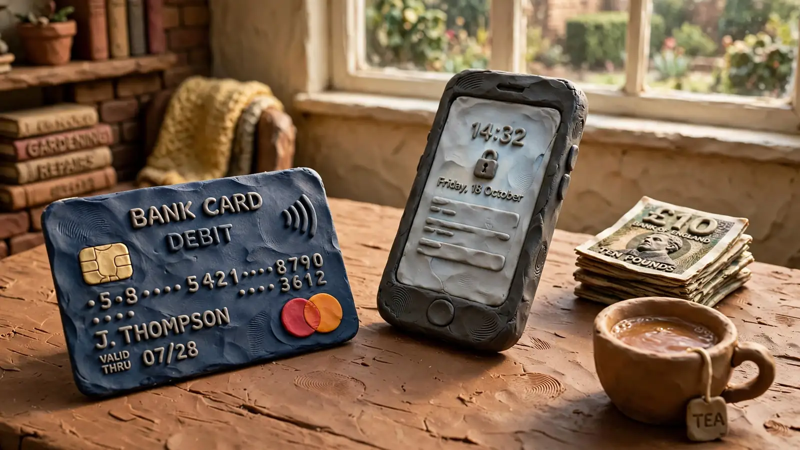 UK bank card, smartphone, and pound notes on a table in a British home.