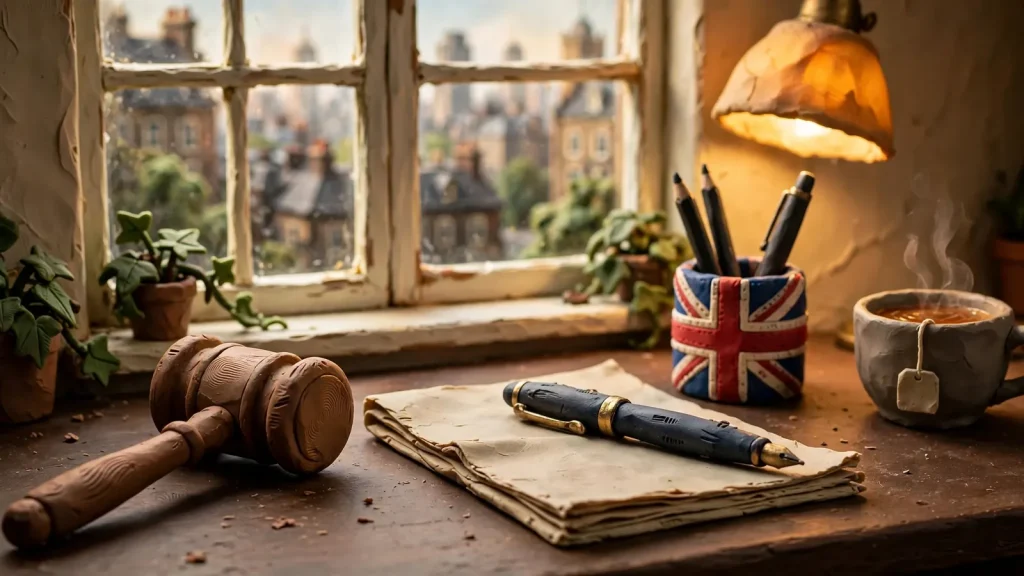 Wooden gavel and signed document on a desk with British details.